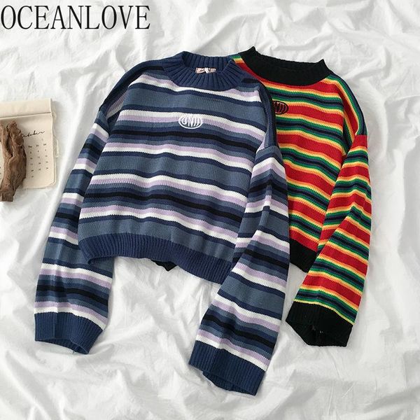 

women's sweaters oceanlove 2021 autumn winter women all match striped rainbow student pullovers korean sueter mujer fashion 13314, White;black