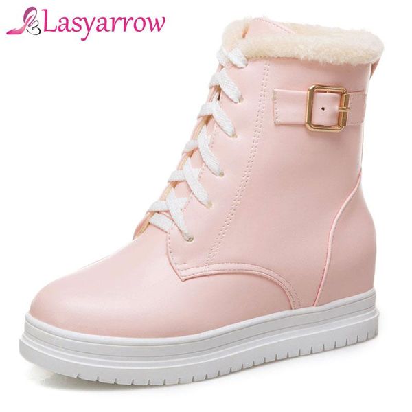 

lasyarrow snow boots women ankle boots 2020 winter fashion leather wedges woman hidden height increasing ladies shoes f924, Black