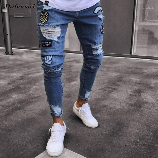 

2019 new fashion mens skinny jeans ripped slim fit stretch denim distress frayed biker scratchted hollow out long jeans boy zone1, Blue