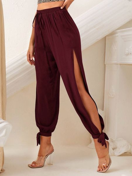 

high split side knot hem pants y2n8#, Black;white