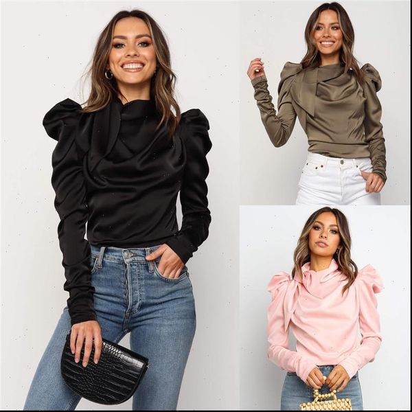 

womens vintage casual solid satin loose blouses female long sleeve pleated new ladies fashion shirts, White