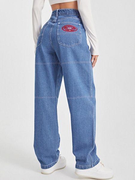 

high waist letter embroidery stitching jeans h3nu#, Blue