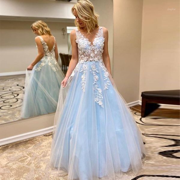 

v neck sleeveless 3d flowers lace beaded illusion baby blue a line tulle prom long dresses1, White;black