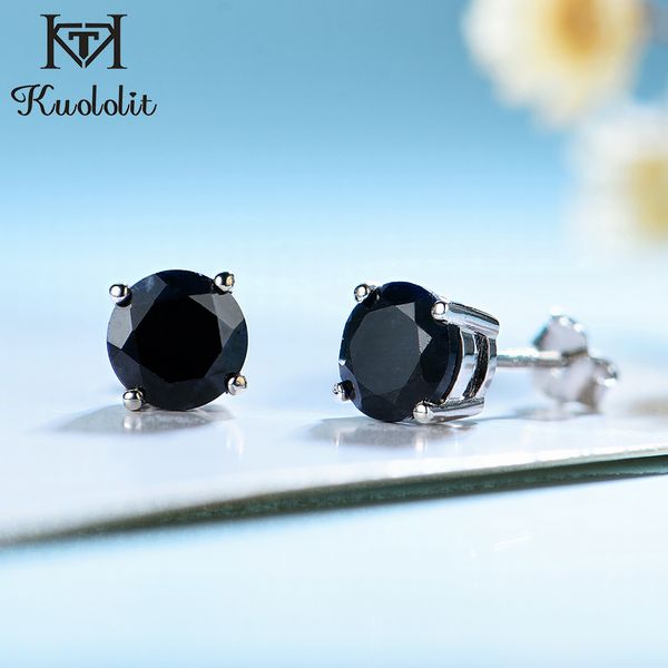 

kuololit deep dark blue natural sapphire gemstone stud earrings for women solid 925 sterling silver round wedding jewelry gift q1121, Golden