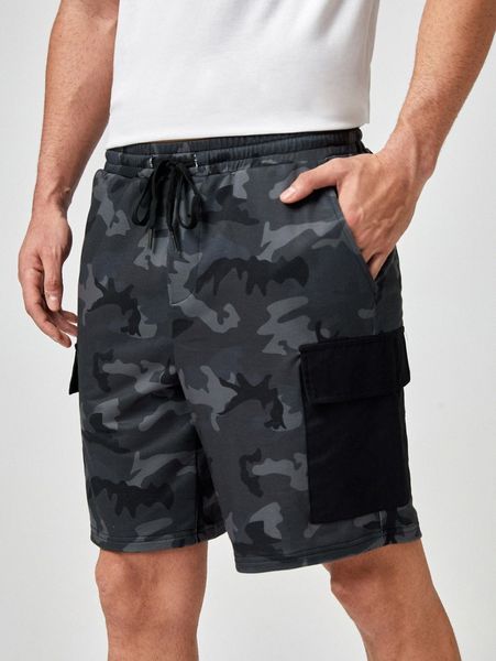 

men camo print flap pocket drawstring cargoÂ shorts z6q6#, Black