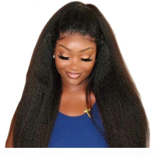 

mongollian kinky straight 360 lace frontal wig 130% density medium size cap natural hairline yaki human hair wig, Black;brown