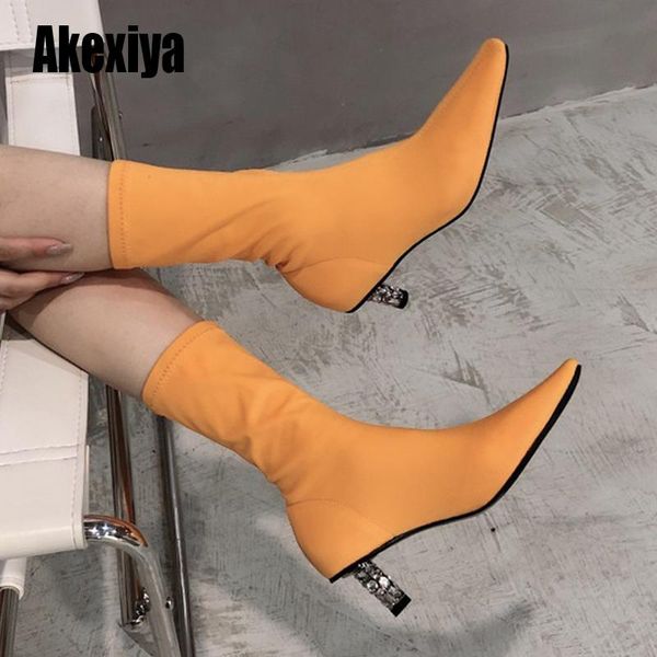 

women ankle sock boots 2020 fashion autumn winter stretch boots 5cm stiletto high heels pointed toe women shoes khaki black w402