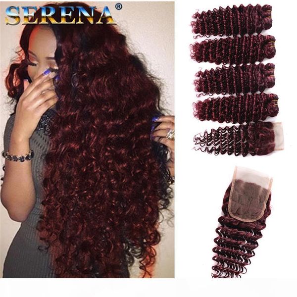 

peruvian 4 bundles 99j deep curly hair burgundy deep wave human hair weaves wine red raw extensions monogolian kinky curl weaves closure, Black;brown