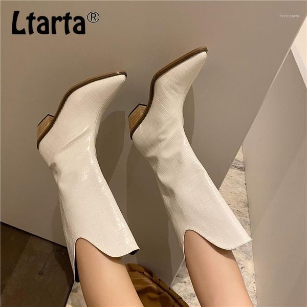 

ltarta women's point toe chunky heel 2020 new red high leg boot boots semi-high heeled thigh winter boots women -678-31, Black
