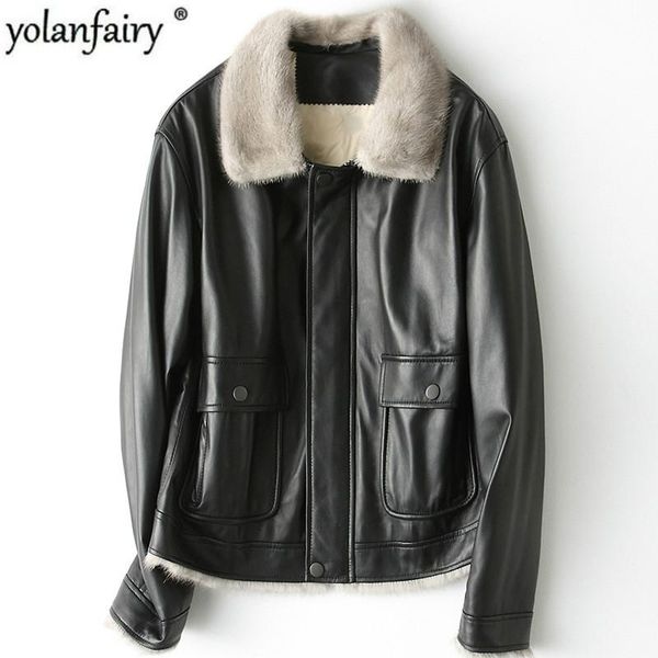 

short real leather jacket women autumn winter sheepskin coat female down jacket collar genuine leather hq19-cjx1901b, Black