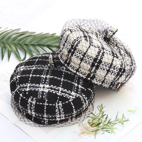 

casquette 2019 autumn and winter black and white plaid mesh berets lady elegant lady painter hat newsboy hats btm05 h jlltjn