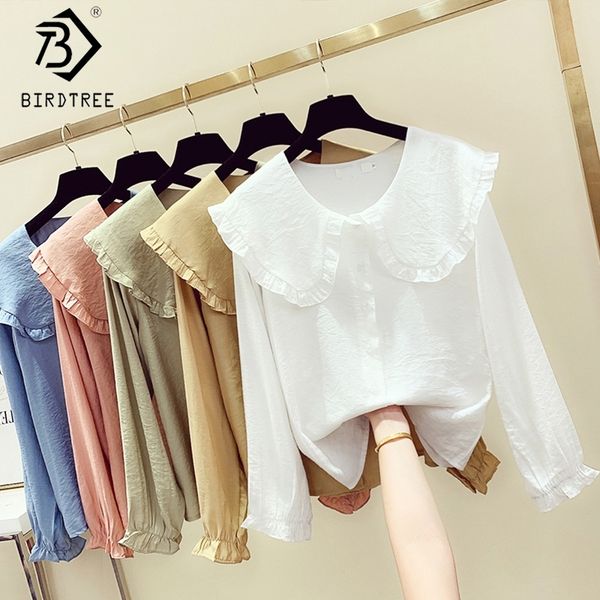 

spring new women's fashion peter pan collar slim shirt long sleeve casual style cotton blouse female t9d730o 201028, White