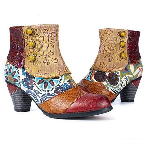 

2020 new ladies pu plush high heel patchwork folk custom round toe winter female printed short boots, Black