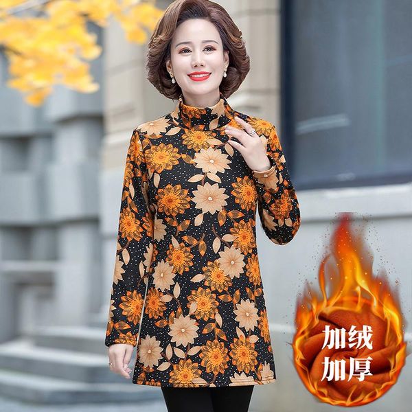 

warm thick women turtleneck t-shirts middle age mother winter velvet bottom shirt long sleeve slim pullover 5xl, White