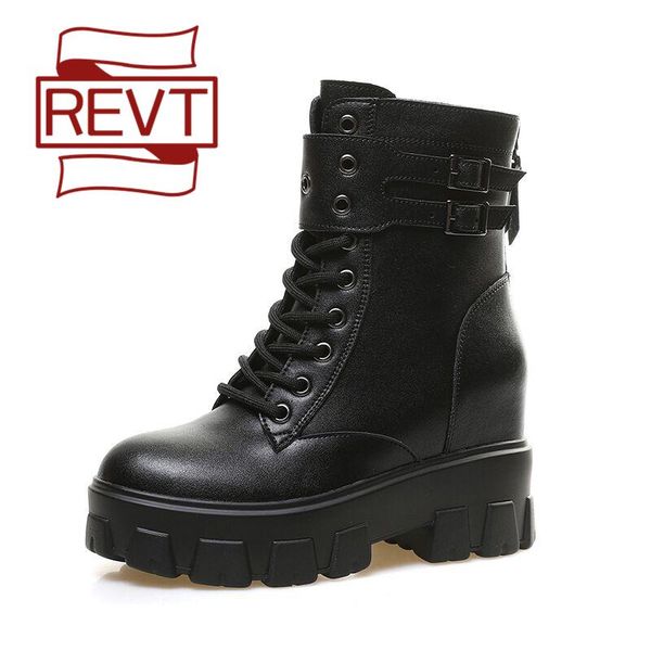 

revt boots new style womens genuine leather fashion thick bottom martin boots womens motorcycle shoes, Black