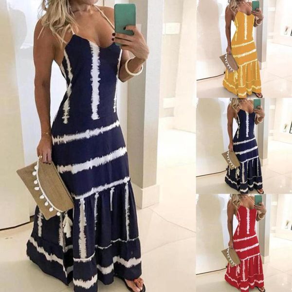 

casual women robe maxi dress summer 2020 sleeveless v-neck strip printed long dress big swing backless plus size boho1, Black;gray