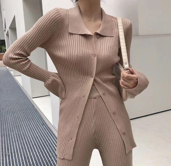 

england style two piece sweaters set women solid single breasted flare sleeve medium long cardigans elastic waist wide leg pants, Gray