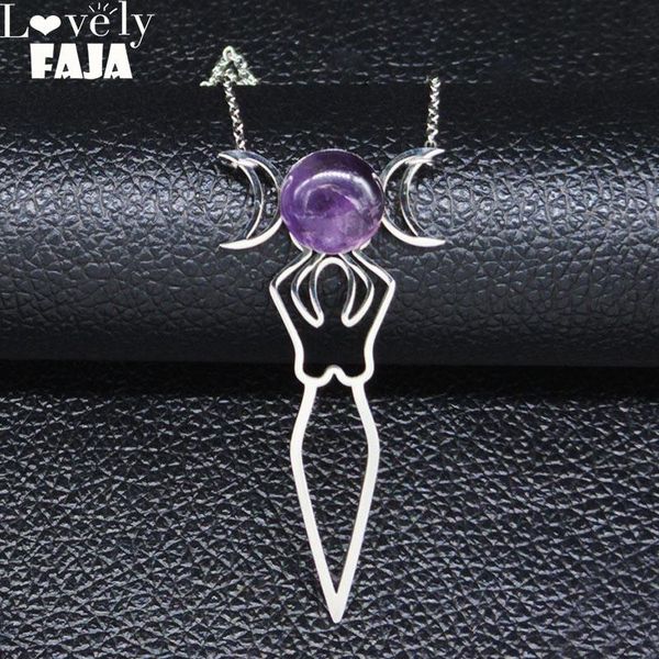 

pendant necklaces 2021 fashion witchcraft goddess of the moon stainlessÂ steel necklace for women purple crystal jewelry bisuteria n20124, Silver