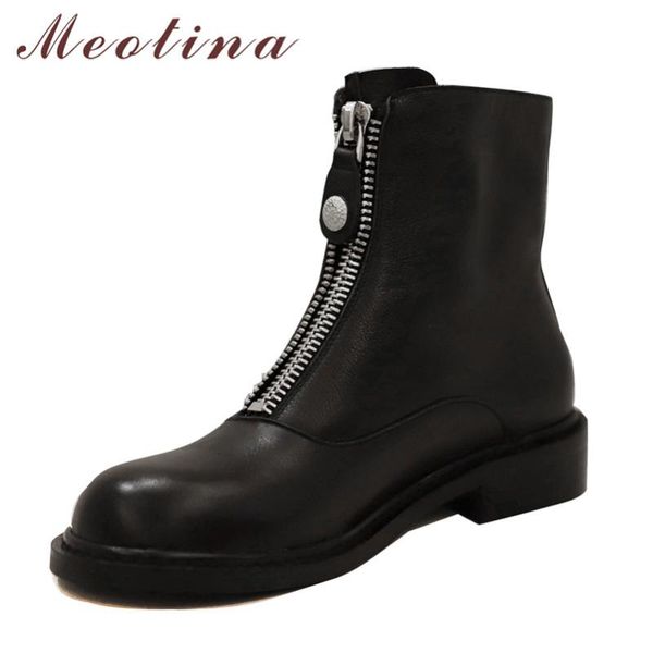 

meotina genuine leather mid heel ankle boots women shoes metal decoration zipper thick heels short boots autumn winter beige 40, Black