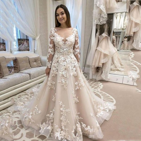 

custom made long sleeves lace a line wedding dresses with appliues scoop neck sweep train country bridal gowns plus size, White