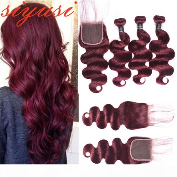

99j burgundy peruvian body wave human hair weave bundles with 4*4 lace closure peruvian virgin hair bundle with closure, Black;brown