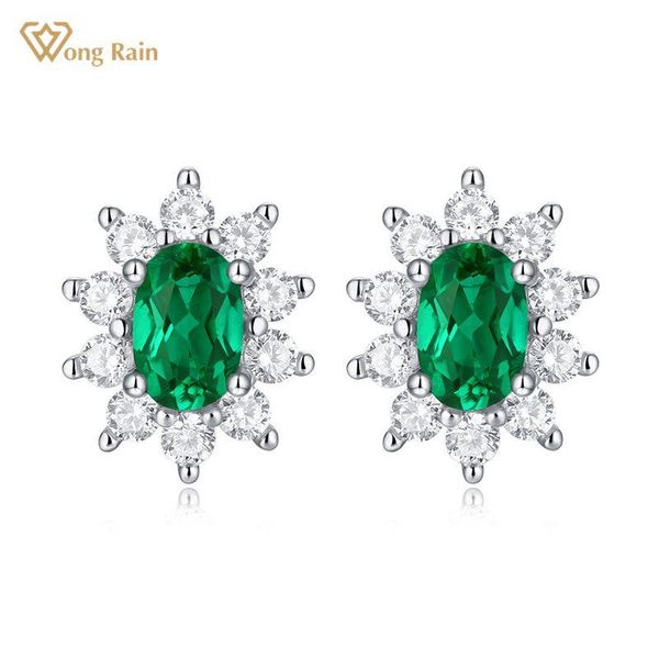 

wong rain 100% 925 sterling silver oval cut emerald moissanite gemstone engagement fashion luxury studs earrings fine jewelry, Golden;silver