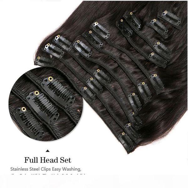 

peruvian remy hair clip in human hair extensions 7pcs set natural virgin thick clip in hair extension, Black;brown