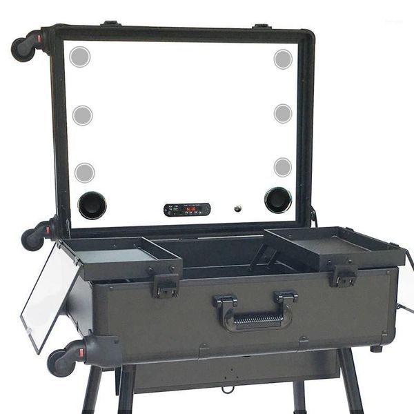 

pro makeup station artist case with dimmable lighted mirror, legs, music speaker multimedia cosmetic box1