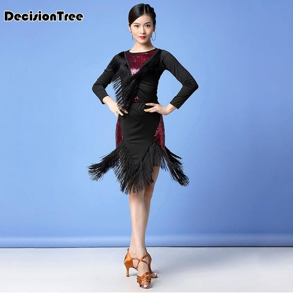 

2020 women dance clothes salsa samba pieces set fringes dress saxy latin costume sequins and skirt, Black;red