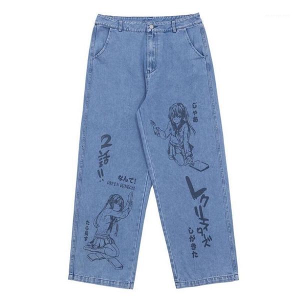 

2020 autumn winter cartoon printed jeans men's bf harajuku fashion street casual graffiti loose denim pants man trousers w13581, Blue