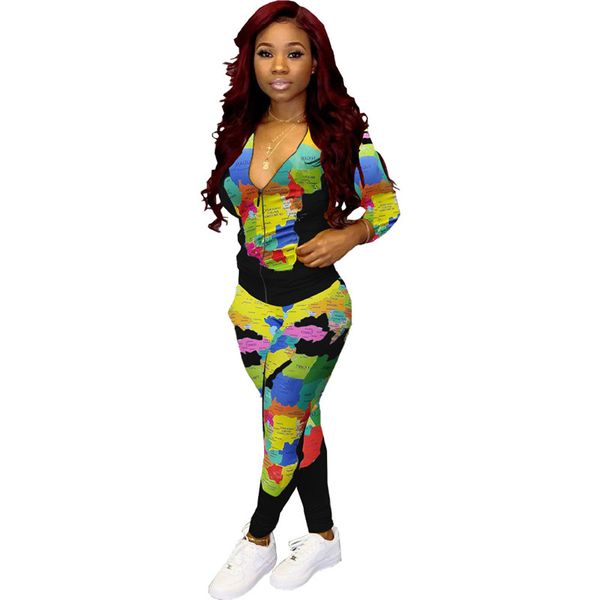 

map print womens designer tracksuits fashion zipper cardigan long pants womens 2pcs sets casual females clothing, Gray