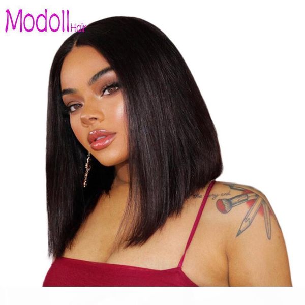 

glueless human hair lace front wigs brazilian straight remy short lace front human hair wigs for black women pre plucked with baby hair, Black;brown