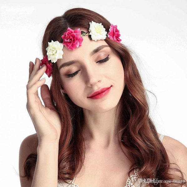 

wholesale women rose headband wreath hair bows headband handmade artificial seaside flower elastic headband wedding wreath dh1087