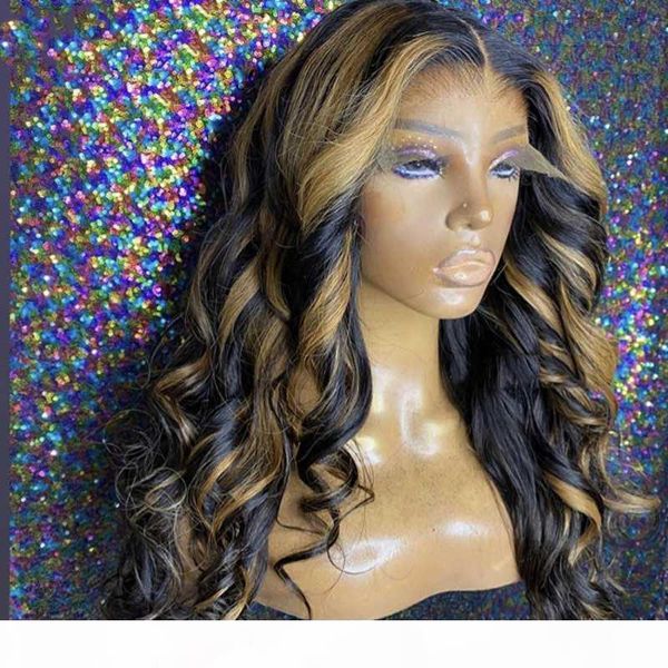 

body wave ombre highlights 27# small highlights blonde 13x4 lace front human hair wigs, Black;brown