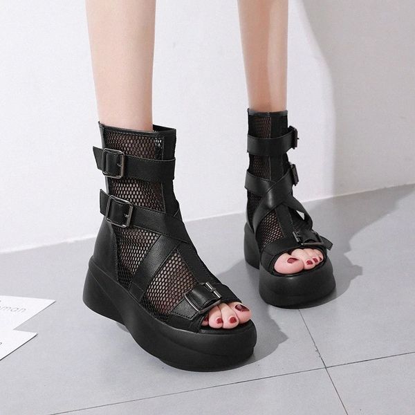 

COOTELILI Woman Sandals Women Fashion Black Sandalias Breathable Mesh 5cm Heel Shoes Platform Buckle Sandale Womens Sandal Zip #T71G