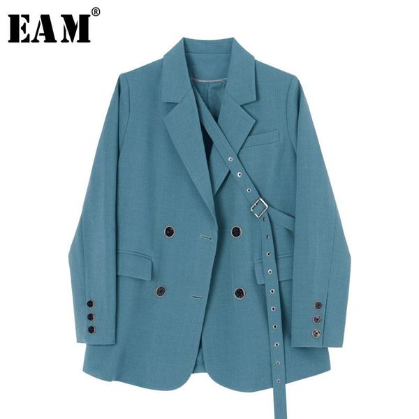 

[eam] women blue brief bandage temperament blazer new lapel long sleeve loose fit jacket fashion tide spring autumn 2020 1z155, White;black