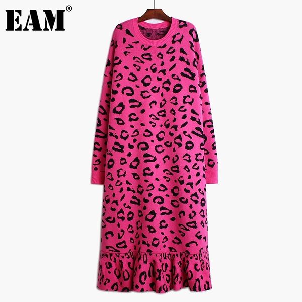 

[eam] women green leopard big size ruffles knitting dress new round neck long sleeve loose fit fashion autumn winter 2020 lj201124, Black;gray