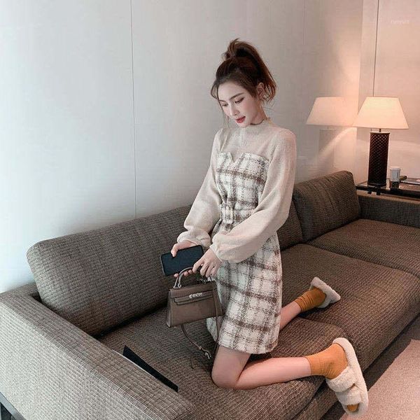 

qweek korean one-piece dress plaid women spring autumn korean style outfit dresses for women 2021 elegant fashion dress1, Black;gray
