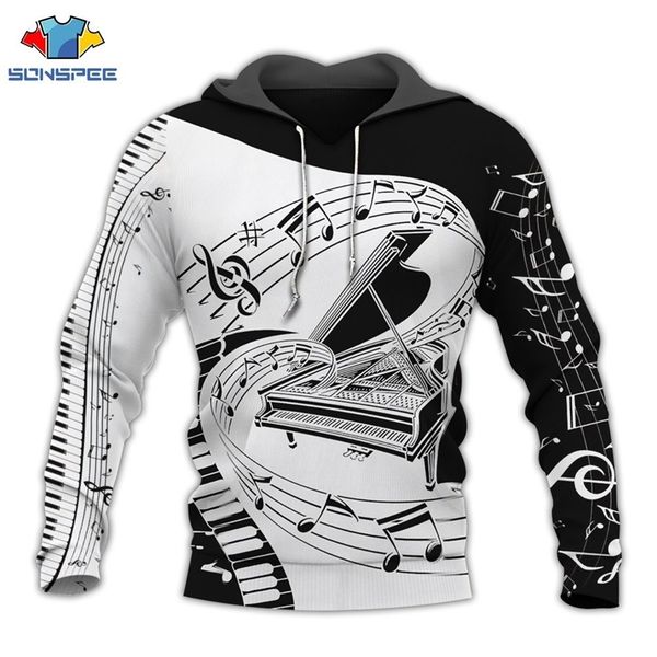 

sonspee fashion novelty streetwear hoodie men pullover shirts musical note 3d print hooded sweatshirt piano harajuku long sleeve 201104, Black