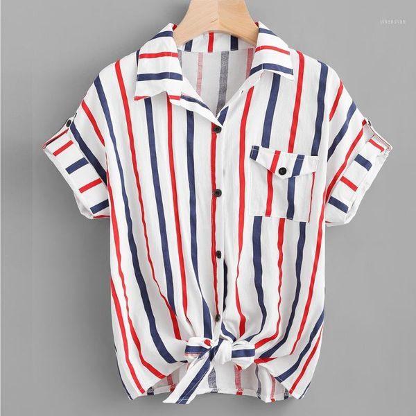 

womens stripe blouse 2020 ladies blouses short sleeve shirt women turn up collar shirts blusas femininas de verao #t2g1, White