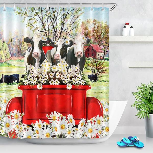 

country style farmhouse cow shower curtain fabric daisy flower animal painting art bathroom curtain waterproof bathtub decor