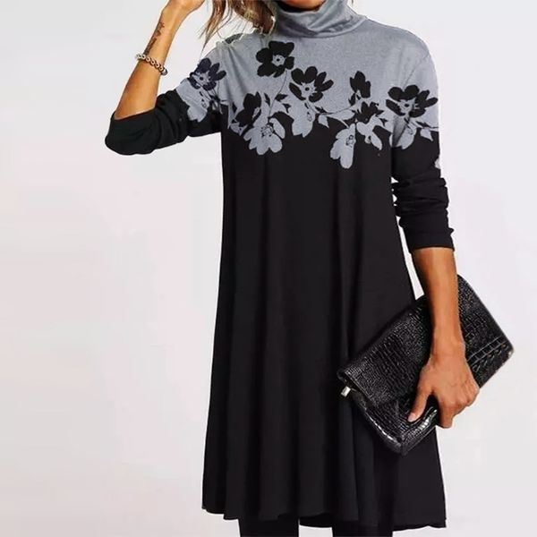 

lady patchwork printing long sleeve o-neck turtleneck es for women 2021 vestidos, Black;gray