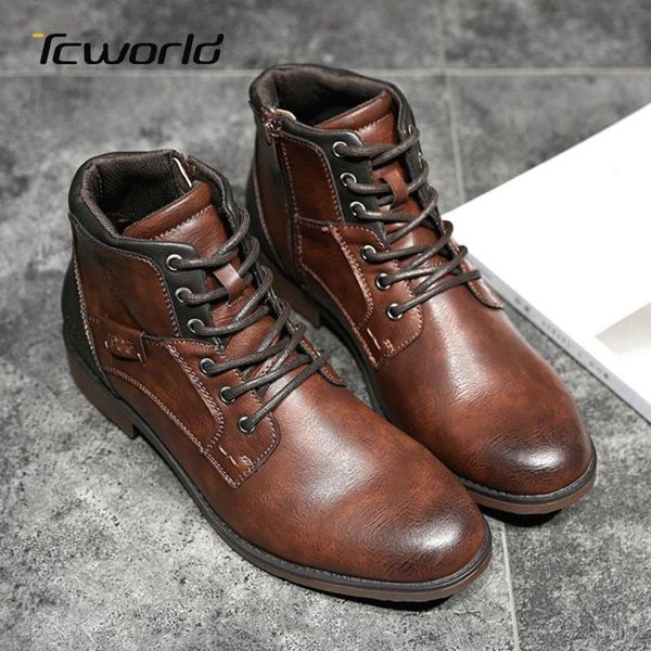 

boots tcworld autumn and winter men's short retro zapatos de hombre comfortable zipper leather desert work, Black