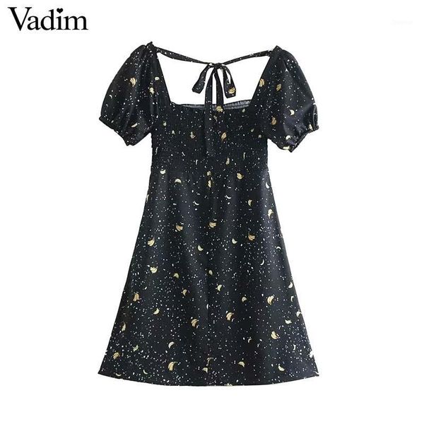 

vadim women sweet print mini dress vinatge square collar bow tie puff sleeve casual female backless dresses vestidos qc1081, Black;gray