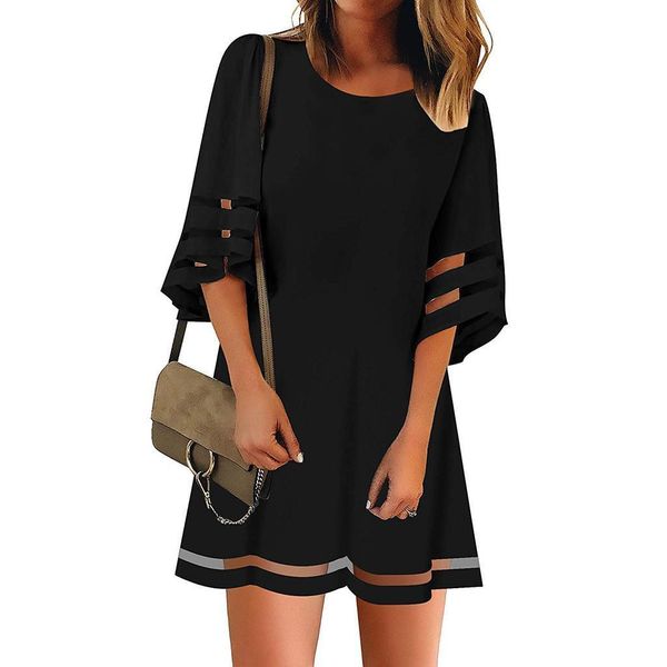 

women black casual dress o neck mesh panel blouse 3/4 bell sleeve loose shirt dress lady summer solid dresses vestido, Black;gray