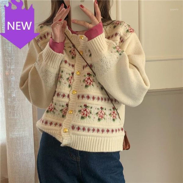 

casual autumn o-neck feminine loose all match soft sweet retro women sweater floral printing cardigans knitted1, White