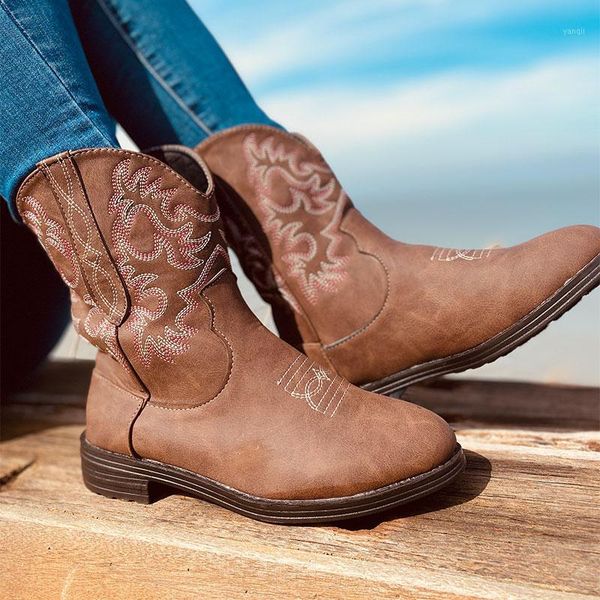 

boots women's autumn shoes mid claf 2021 female pu embroidery slip on winter vintage flock women botas mujer ladies1, Black