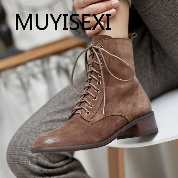 

retro ankle boots 4cm med heel genuine leather round toe cross-tied lace up zipper brand office lady dress concise tn35 muyisexi, Black