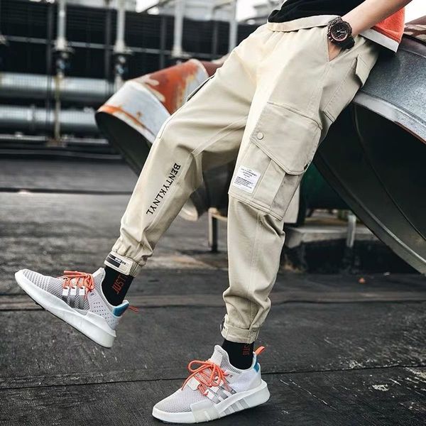 

mens cargo pants new fashion korean style beam feet harem pants loose ins casual ankle length male pants, Black