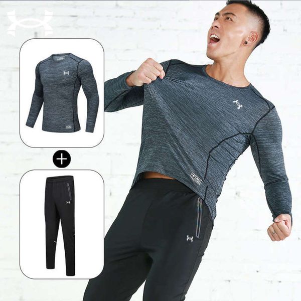 

solid winter men's outdoor autumn and color sports quick drying long sleeve large casual corset fitness running suit two piece set, Gray
